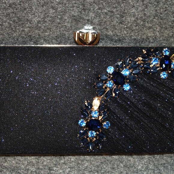 Mulian Lily Women’s Glitter Flower Compact Navy Clutch Evening Bag Purse - Picture 1 of 9